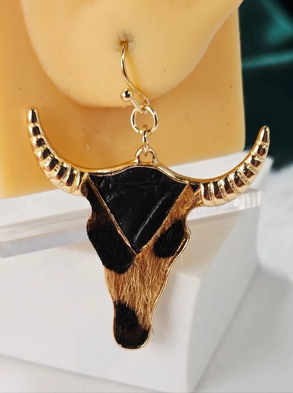 Cowhide Steer Head Earrings Gold Western Leopard Jewelry Coastal Cowgirl Glam